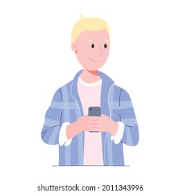 Vector illustration of a young man with a mobile phone in his hands. A modern person uses a gadget for communication or chatting.