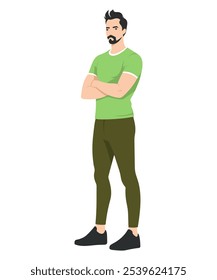 Vector illustration. Young man in olive pants and green T-shirt, standing confidently with crossed arms.