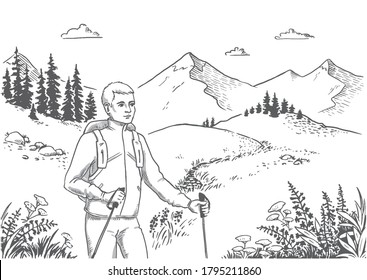 vector illustration of a young man on a sports walk in the mountains. a man walking in nature. Nordic walking. hand drawn sketch