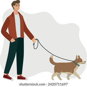 Imagen vectorial de un joven caminando con un perro. Concepto plano y colorido	