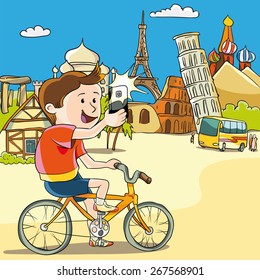 vector illustration. Young man on a bicycle photographed on a mobile phone.