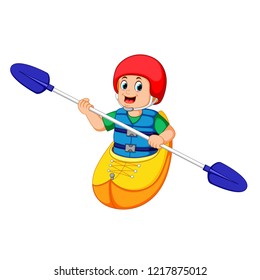 vector illustration of young man paddling with canoe