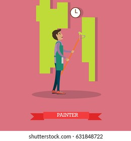 Vector illustration of young man painting wall. House painter concept design element in flat style.