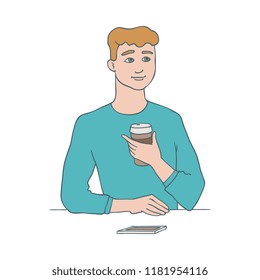 Vector illustration of young man with paper cup of coffee sitting at table with mobile phone in sketch style isolated on white background. Handsome boy with hot invigorating drink.