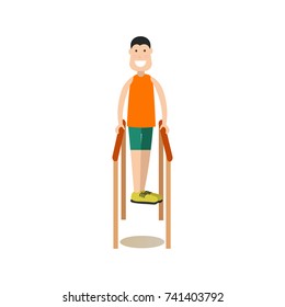Vector illustration of young man performing parallel bars exercises. Training outside people concept flat style design element, icon isolated on white background.