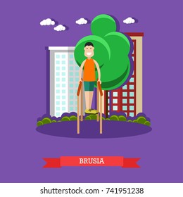 Vector illustration of young man performing parallel bars exercises in the park. Outdoors workout flat style design element.