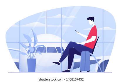 Vector illustration of a young man with phone sitting in the departure lounge at the airport.