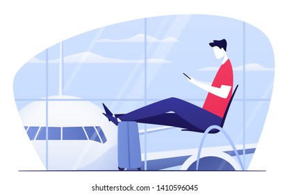 Vector illustration of a young man with phone sitting in the departure lounge at the airport.
