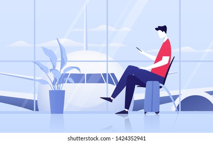 Vector illustration of a young man with phone sitting in the departure lounge at the airport.