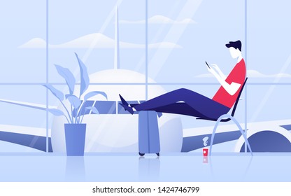 Vector illustration of a young man with phone sitting in the departure lounge at the airport.