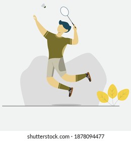 Ilustración vectorial. un joven jugando bádminton al aire libre. carácter moderno y plano de la gente. Ideal para proyectos de movimiento, gráficos y de diseño web