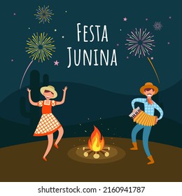 Vector illustration, young man playing the accordion and dancing girl, with bonfire and fireworks, as banner or poster for Festa Junina, or June Festival.