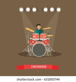 Vector illustration of young man playing drums. Drummer flat style design element.