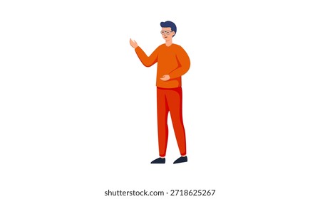 Vector illustration of a young man pointing and gesturing with hand. Flat design character concept suitable for presentation, explanation, advertising, marketing, education, and business communication on isolated white background. 