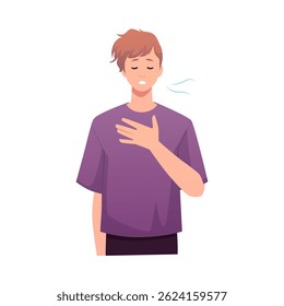 Ilustração vetorial de jovem praticando exercícios respiratórios. Respiração calma, equilíbrio e relaxamento. Estilo de vida saudável. Estilo de desenho animado plano. Plano de fundo isolado. De perto.
