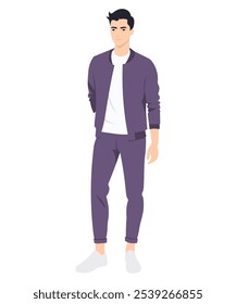 Vector illustration. A young man in a purple tracksuit with a white t-shirt. A bright, but restrained image that combines sportiness with fashionable style.