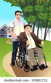 A vector illustration of a young man pushing a senior man in a wheelchair