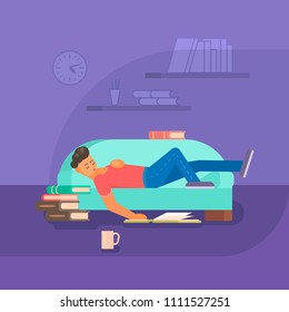 Vector illustration of young man reading book while lying on sofa in living room. Flat style design.