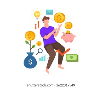 Vector illustration Young man receive coins from the investment business. Concept of investing early for financial freedom flat vector illustration