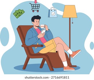 Ilustración vectorial de un joven relajándose en una silla en casa mientras usa un teléfono inteligente y bebe café