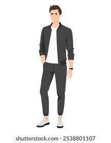 Vector illustration. Young man restrained image in dark gray suit with white T-shirt, elegance and style in simplicity.