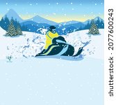 Vector illustration of a young man riding a snowmobile in the forest against the background of mountains. Winter recreation and sports. Active lifestyle. Extreme sports.