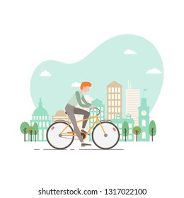 Vector illustration of a young man riding a bicycle. Modern city on the background