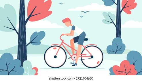 Vector illustration of a young man riding a bicycle in the forest