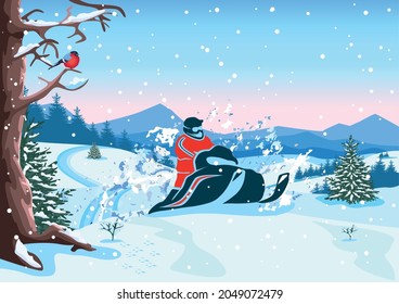 Vector illustration of a young man riding a snowmobile in the forest against the background of mountains. Winter recreation and sports. Active lifestyle. Extreme sports.