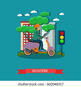 Vector illustration of young man riding scooter. Motorcycle, motor scooter concept design element in flat style.