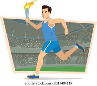 Vector illustration with a young man runing and carry a torch over a stadium background.