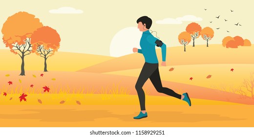 vector illustration of a young man running along the road along the autumn forest, flat design