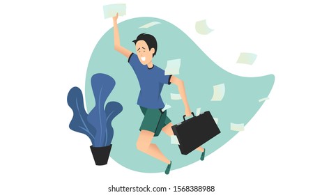 Vector illustration of a young man running in a hurry with a briefcase in a messy room. Student late for classes