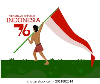 Vector illustration, young man running carrying a flag, Happy Indonesian Independence Day, Dirgahayu Republic of Indonesia, meaning Long live Indonesia.