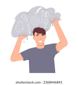 Vector illustration of a young man with a sad expression with bubbles above his head. The concept of worry, confusion, negative thoughts, anxiety. The man lifted the bubble from his head.