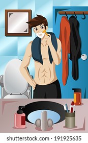 A vector illustration of young man shaving using a razor in the bathroom