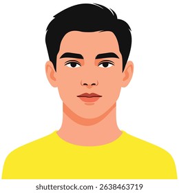 A vector illustration of a young man with short black hair and a yellow shirt. Perfect for user avatars, profile pictures, character design, web applications, and educational content.