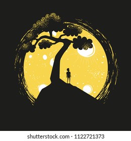 Vector illustration with young man silhouette standing on the hill, yellow moon and black tree