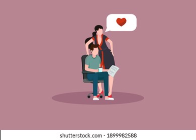 Vector illustration a young man sits on a chair and reads a newspaper. In his hands a cup. A girl in a dressing gown is standing nearby and speaks about love. Flat.