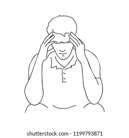 Vector illustration of a young man sitting holding his head with his hands, linear design