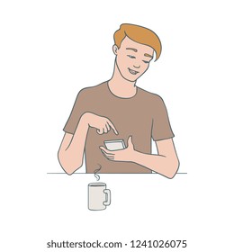 Vector illustration of young man sitting at table with mug of hot drink holding mobile phone and telling his thoughts isolated on white background in sketch style. Hand drawn boy talking.