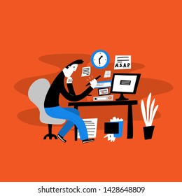 Vector illustration of young man sitting on his workplace and watching his phone instead of work. Procrastination. Flat cartoon style. Red background