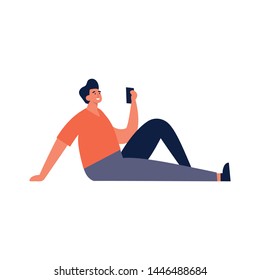 Vector illustration young man sitting and using mobile device