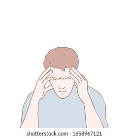 Dibujo vectorial de un joven sentado en la cabeza con las manos, dibujo animado