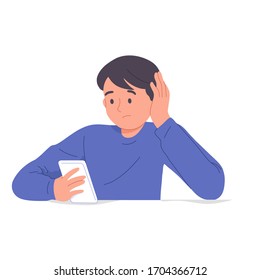 vector illustration of a young man sitting holding a cellphone with a bored face because there is no activity