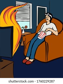 Vector illustration of a young man sitting in a room in a armchair, watching a flaming TV and eating popcorn