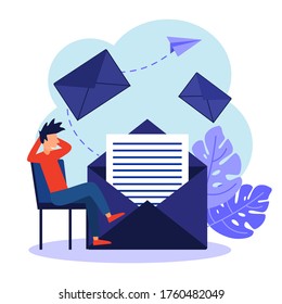 Vector illustration, young man sitting casually next to an envelope, receiving letters, sorting, Web letters or mobile service layout for website titles.