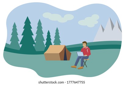 Imagen vectorial de un joven sentado, con una laptop, en la naturaleza. Estilo plano. EPS10.