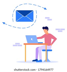 Vector illustration of young man sitting on a chair and table, sending / receiving letters, sorting, web mail or mobile service layout for website titles.