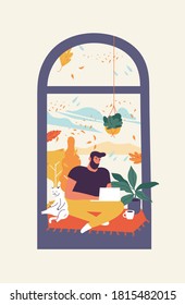 Vector illustration young man sitting in the window and working online at home. Fall season conception